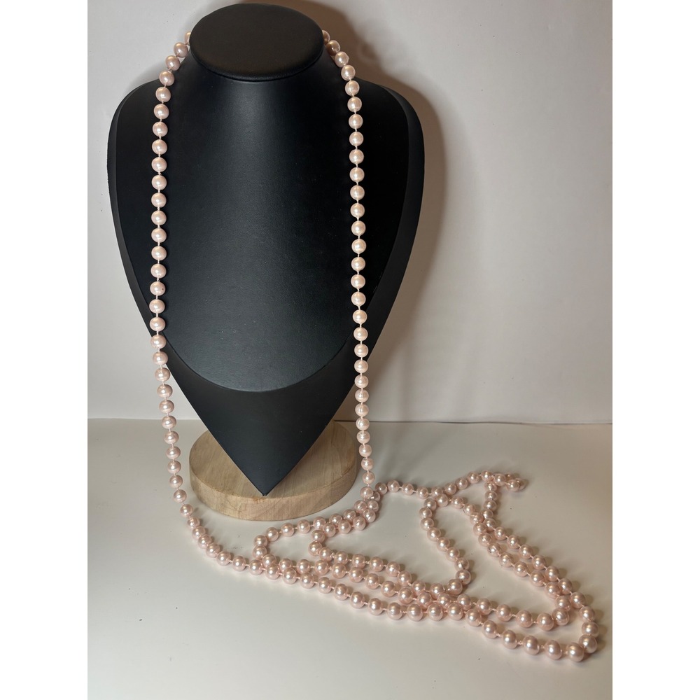Vintage Pink Acrylic Flapper Rope Necklace 70" Knotted Faux Pearl Long Strand